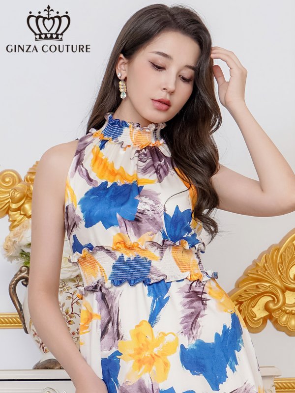 画像4: [送料無料][GINZA COUTURE]ホワイト×イエロー・ペイント柄・プリント・サテン・首元フリル・ウエストマーク・アメリカンスリーブ・マキシ・Aライン・ロングドレス[即日発送][大きいサイズあり] (4)