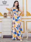 画像5: [送料無料][GINZA COUTURE]ホワイト×イエロー・ペイント柄・プリント・サテン・首元フリル・ウエストマーク・アメリカンスリーブ・マキシ・Aライン・ロングドレス[即日発送][大きいサイズあり] (5)