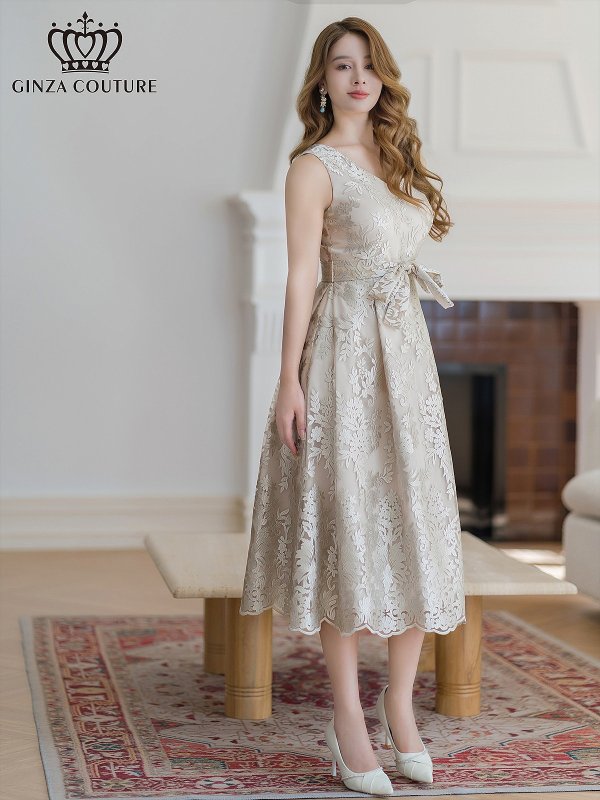 画像2: [送料無料][GINZA COUTURE]ベージュ・アングラレッド・総レース・Vネック・ノースリーブ・リボンベルト・Aライン・ミディアムドレス・ワンピース[即日発送][大きいサイズあり] (2)