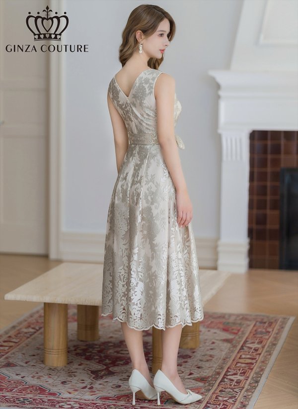 画像3: [送料無料][GINZA COUTURE]ベージュ・アングラレッド・総レース・Vネック・ノースリーブ・リボンベルト・Aライン・ミディアムドレス・ワンピース[即日発送][大きいサイズあり] (3)