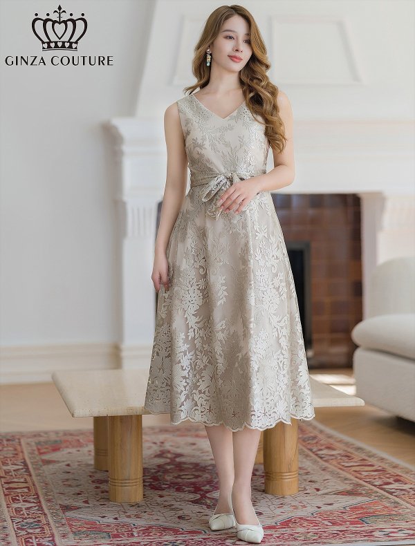 画像6: [送料無料][GINZA COUTURE]ベージュ・アングラレッド・総レース・Vネック・ノースリーブ・リボンベルト・Aライン・ミディアムドレス・ワンピース[即日発送][大きいサイズあり] (6)