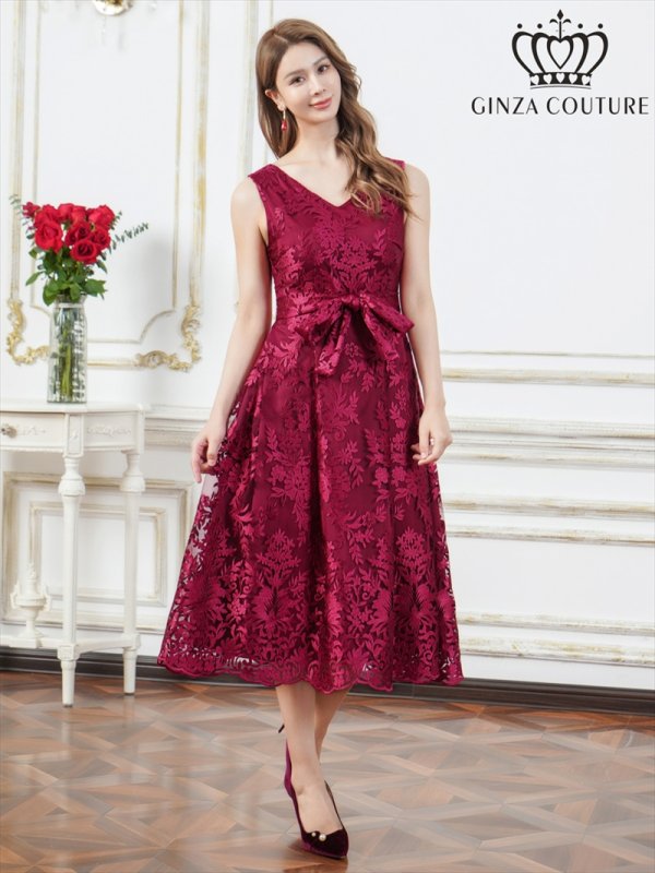 画像2: [送料無料][GINZA COUTURE]アンゴラレッド・ベージュ・総レース・Vネック・ノースリーブ・リボンベルト・Aライン・ミディアムドレス・ワンピース[即日発送][大きいサイズあり] (2)