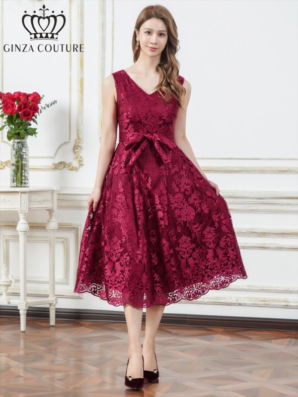 画像5: [送料無料][GINZA COUTURE]アンゴラレッド・ベージュ・総レース・Vネック・ノースリーブ・リボンベルト・Aライン・ミディアムドレス・ワンピース[即日発送][大きいサイズあり] (5)
