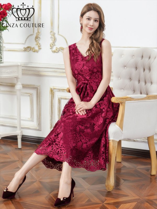 画像6: [送料無料][GINZA COUTURE]アンゴラレッド・ベージュ・総レース・Vネック・ノースリーブ・リボンベルト・Aライン・ミディアムドレス・ワンピース[即日発送][大きいサイズあり] (6)