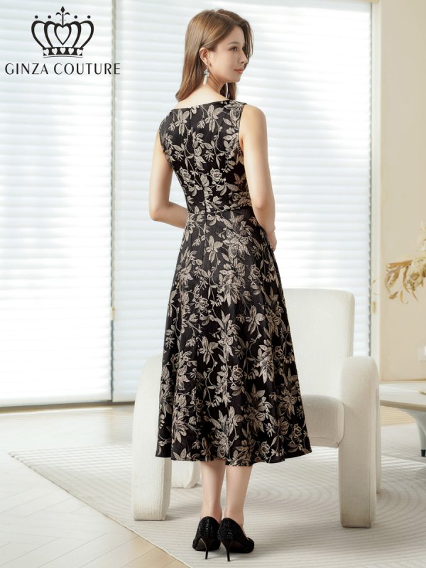 画像3: [送料無料][GINZA COUTURE]ブラック・ピンク・グレー・花柄・ジャガード・ノースリーブ・Aライン・ミディアムドレス・ワンピース[即日発送][大きいサイズあり] (3)