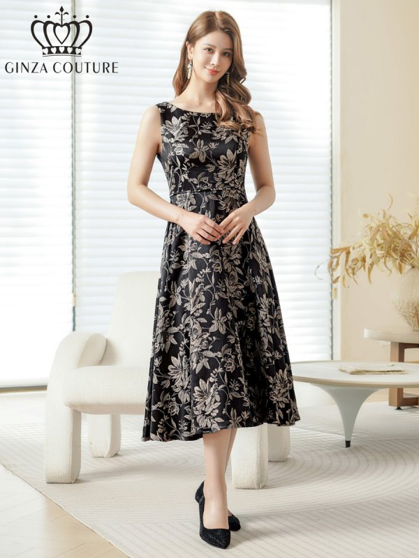 画像5: [送料無料][GINZA COUTURE]ブラック・ピンク・グレー・花柄・ジャガード・ノースリーブ・Aライン・ミディアムドレス・ワンピース[即日発送][大きいサイズあり] (5)