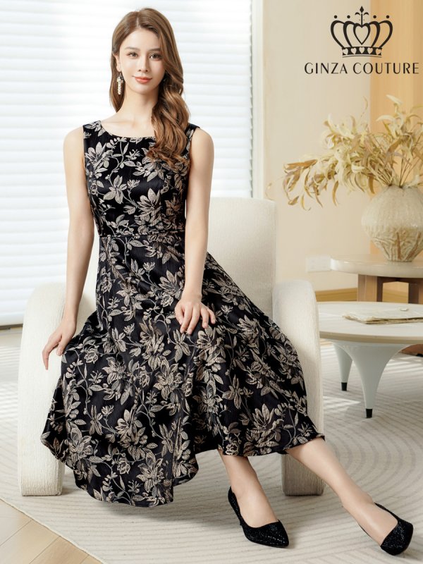 画像6: [送料無料][GINZA COUTURE]ブラック・ピンク・グレー・花柄・ジャガード・ノースリーブ・Aライン・ミディアムドレス・ワンピース[即日発送][大きいサイズあり] (6)