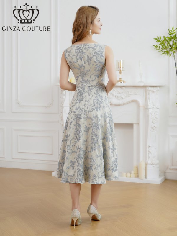 画像3: [送料無料][GINZA COUTURE]グレー・ピンク・ブラック・花柄・ジャガード・ノースリーブ・Aライン・ミディアムドレス・ワンピース[即日発送][大きいサイズあり] (3)