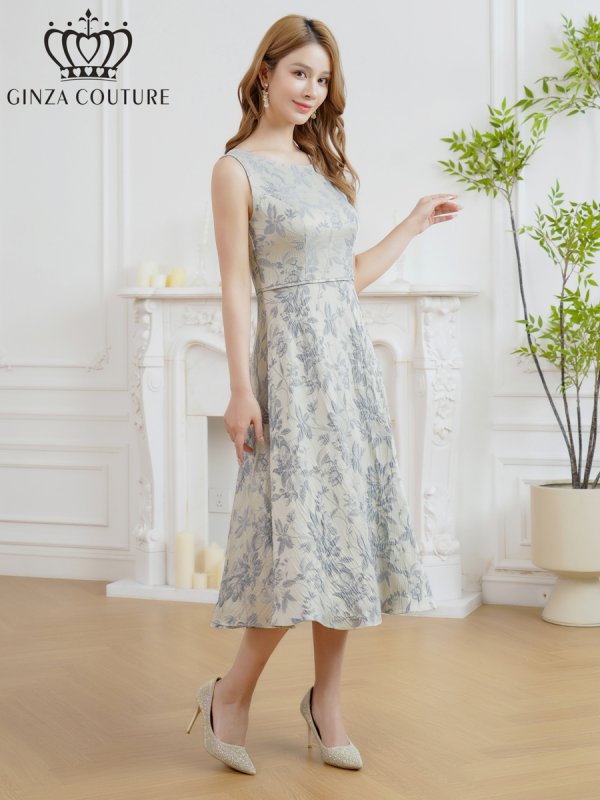 画像5: [送料無料][GINZA COUTURE]グレー・ピンク・ブラック・花柄・ジャガード・ノースリーブ・Aライン・ミディアムドレス・ワンピース[即日発送][大きいサイズあり] (5)