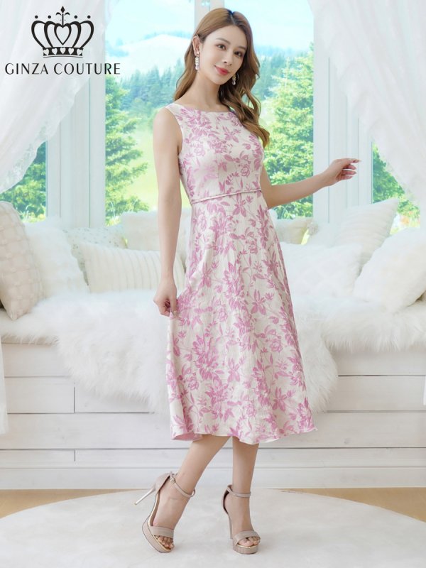 画像8: [送料無料][GINZA COUTURE]グレー・ピンク・ブラック・花柄・ジャガード・ノースリーブ・Aライン・ミディアムドレス・ワンピース[即日発送][大きいサイズあり] (8)