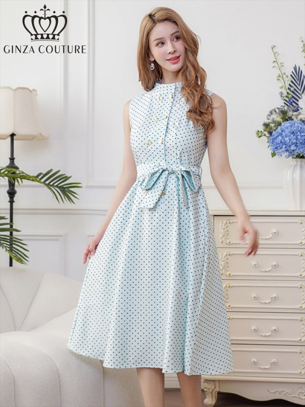 画像2: [送料無料][GINZA COUTURE]グリーン・ホワイト・ドット・金ボタン・ポケット・リボンベルト・ノースリーブ・Aライン・ミディアムドレス・ワンピース[即日発送][大きいサイズあり] (2)