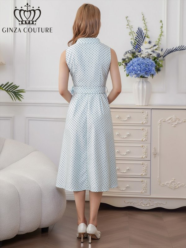 画像3: [送料無料][GINZA COUTURE]グリーン・ホワイト・ドット・金ボタン・ポケット・リボンベルト・ノースリーブ・Aライン・ミディアムドレス・ワンピース[即日発送][大きいサイズあり] (3)