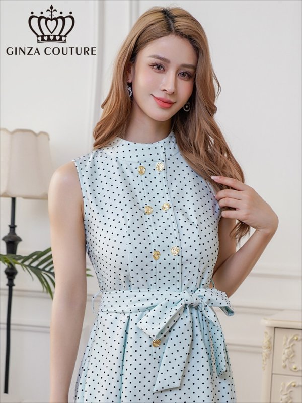 画像4: [送料無料][GINZA COUTURE]グリーン・ホワイト・ドット・金ボタン・ポケット・リボンベルト・ノースリーブ・Aライン・ミディアムドレス・ワンピース[即日発送][大きいサイズあり] (4)