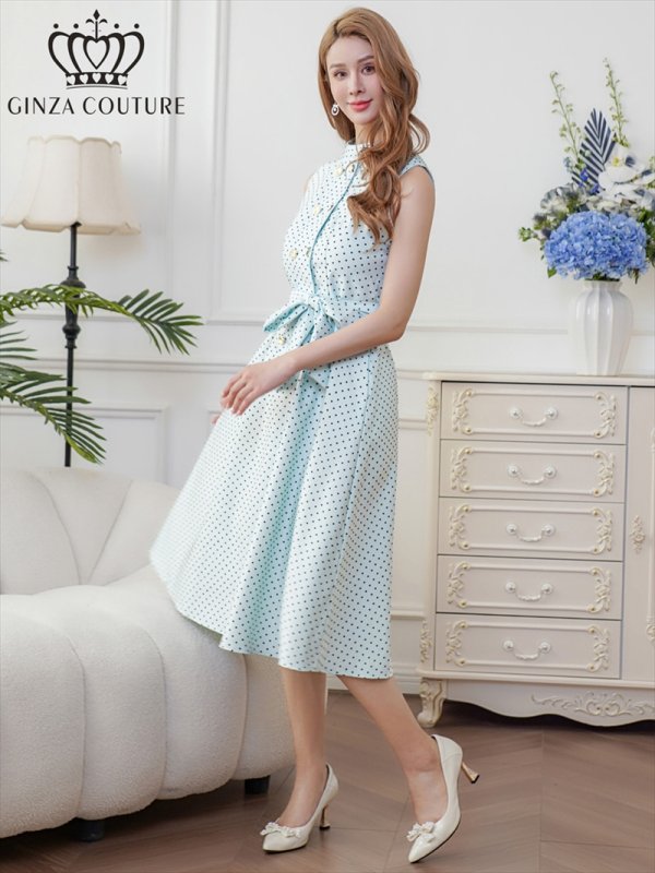 画像5: [送料無料][GINZA COUTURE]グリーン・ホワイト・ドット・金ボタン・ポケット・リボンベルト・ノースリーブ・Aライン・ミディアムドレス・ワンピース[即日発送][大きいサイズあり] (5)