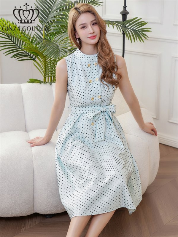 画像6: [送料無料][GINZA COUTURE]グリーン・ホワイト・ドット・金ボタン・ポケット・リボンベルト・ノースリーブ・Aライン・ミディアムドレス・ワンピース[即日発送][大きいサイズあり] (6)