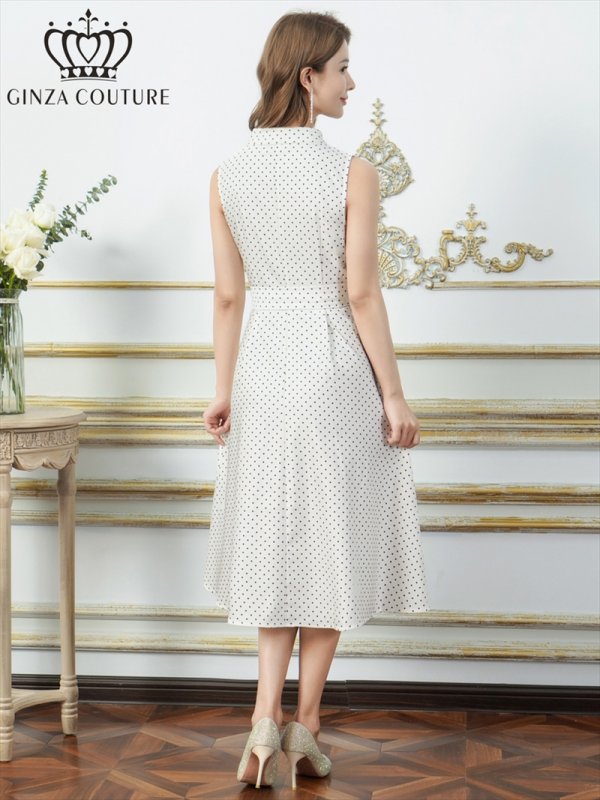 画像3: [送料無料][GINZA COUTURE]ホワイト・グリーン・ドット・金ボタン・ポケット・リボンベルト・ノースリーブ・Aライン・ミディアムドレス・ワンピース[即日発送][大きいサイズあり] (3)