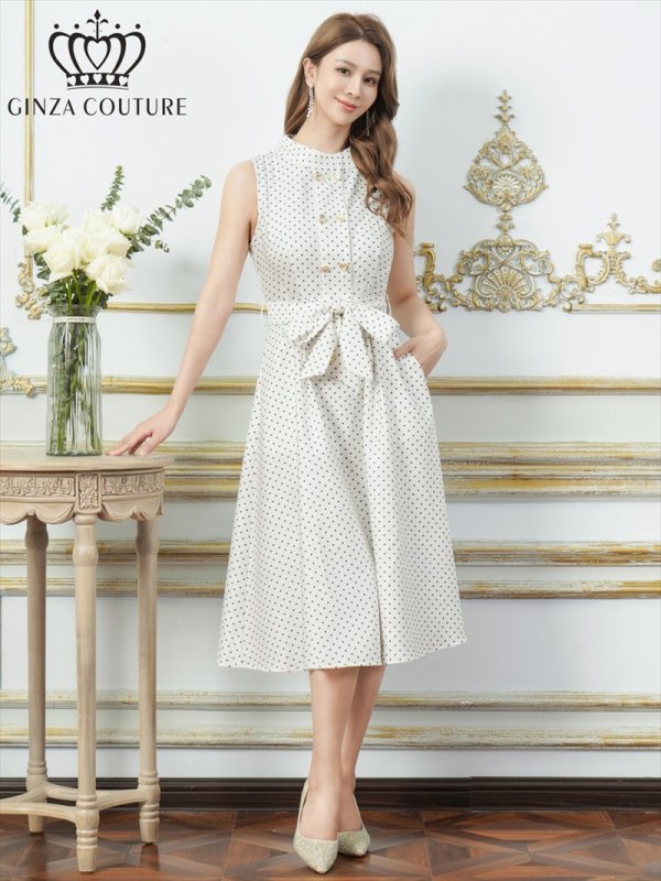 画像5: [送料無料][GINZA COUTURE]ホワイト・グリーン・ドット・金ボタン・ポケット・リボンベルト・ノースリーブ・Aライン・ミディアムドレス・ワンピース[即日発送][大きいサイズあり] (5)
