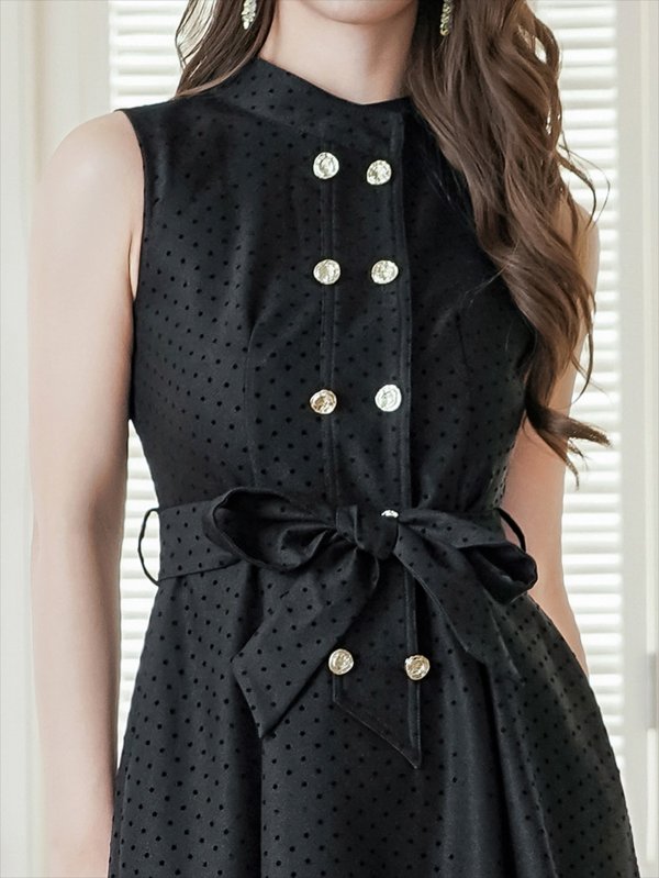 画像10: [送料無料][GINZA COUTURE]ワインレッド・ブラック・ピンク・ブラウン・ドット・金ボタン・ポケット・リボンベルト・ノースリーブ・Aライン・ミディアムドレス・ワンピース[即日発送][大きいサイズあり] (10)