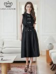 画像11: [送料無料][GINZA COUTURE]ワインレッド・ブラック・ブラウン・ピンク・ドット・ボタン・ノースリーブ・Aライン・ミディアムドレス・ワンピース[即日発送][大きいサイズあり] (11)
