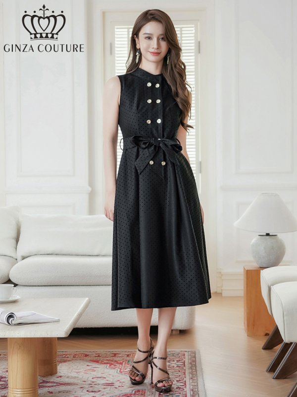 画像11: [送料無料][GINZA COUTURE]ワインレッド・ブラック・ピンク・ブラウン・ドット・金ボタン・ポケット・リボンベルト・ノースリーブ・Aライン・ミディアムドレス・ワンピース[即日発送][大きいサイズあり] (11)