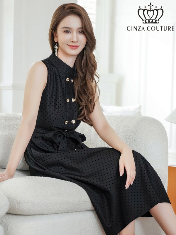 画像12: [送料無料][GINZA COUTURE]ワインレッド・ブラック・ピンク・ブラウン・ドット・金ボタン・ポケット・リボンベルト・ノースリーブ・Aライン・ミディアムドレス・ワンピース[即日発送][大きいサイズあり] (12)