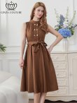 画像18: [送料無料][GINZA COUTURE]ワインレッド・ブラック・ピンク・ブラウン・ドット・金ボタン・ポケット・リボンベルト・ノースリーブ・Aライン・ミディアムドレス・ワンピース[即日発送][大きいサイズあり] (18)
