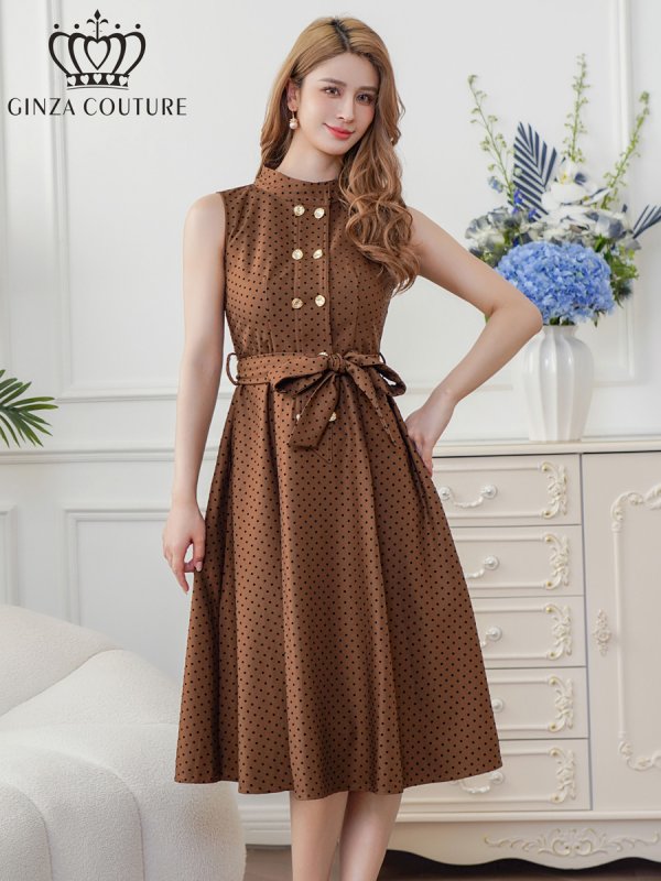 画像18: [送料無料][GINZA COUTURE]ワインレッド・ブラック・ピンク・ブラウン・ドット・金ボタン・ポケット・リボンベルト・ノースリーブ・Aライン・ミディアムドレス・ワンピース[即日発送][大きいサイズあり] (18)