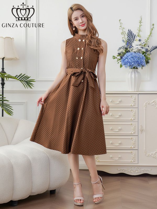 画像5: [送料無料][GINZA COUTURE]ブラウン・ブラック・ワインレッド・ピンク・ドット・金ボタン・ポケット・リボンベルト・ノースリーブ・Aライン・ミディアムドレス・ワンピース[即日発送][大きいサイズあり] (5)