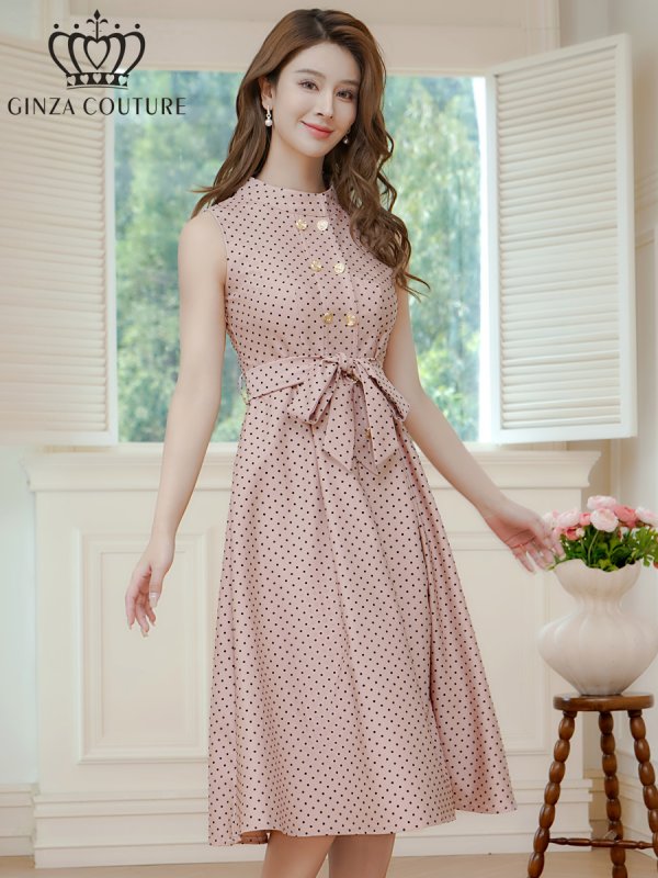 画像14: [送料無料][GINZA COUTURE]ワインレッド・ブラック・ピンク・ブラウン・ドット・金ボタン・ポケット・リボンベルト・ノースリーブ・Aライン・ミディアムドレス・ワンピース[即日発送][大きいサイズあり] (14)
