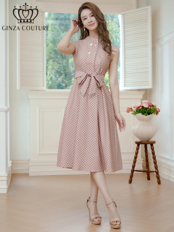 画像5: [送料無料][GINZA COUTURE]ピンク・ブラック・ワインレッド・ブラウン・ドット・金ボタン・ポケット・リボンベルト・ノースリーブ・Aライン・ミディアムドレス・ワンピース[即日発送][大きいサイズあり] (5)