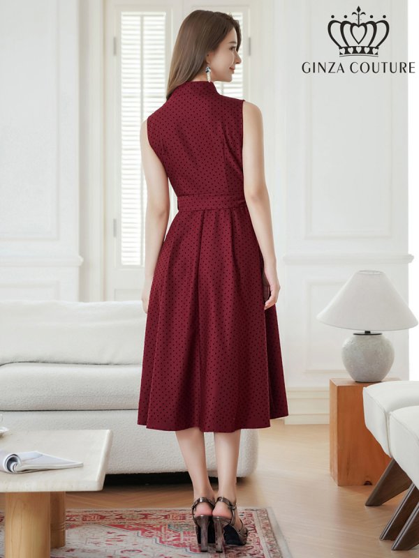 画像3: [送料無料][GINZA COUTURE]ワインレッド・ブラック・ピンク・ブラウン・ドット・金ボタン・ポケット・リボンベルト・ノースリーブ・Aライン・ミディアムドレス・ワンピース[即日発送][大きいサイズあり] (3)