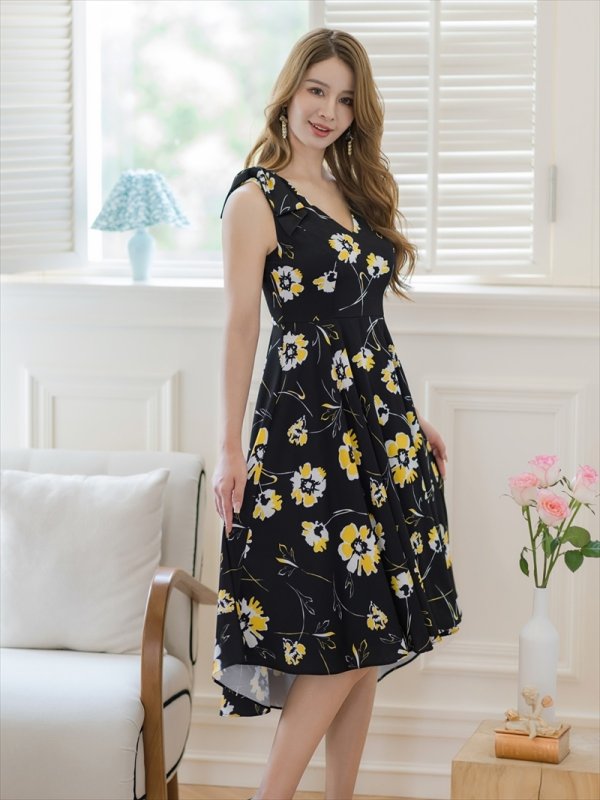 画像2: [送料無料][GINZA COUTURE]ブラック×イエロー・花柄・肩リボン・Aライン・ミディアムドレス・ワンピース[即日発送][大きいサイズあり] (2)