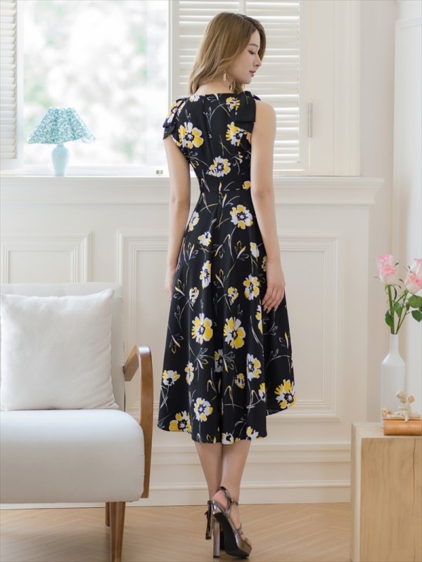 画像3: [送料無料][GINZA COUTURE]ブラック×イエロー・花柄・肩リボン・Aライン・ミディアムドレス・ワンピース[即日発送][大きいサイズあり] (3)