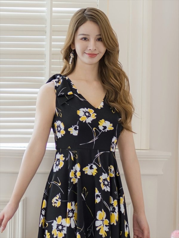 画像4: [送料無料][GINZA COUTURE]ブラック×イエロー・花柄・肩リボン・Aライン・ミディアムドレス・ワンピース[即日発送][大きいサイズあり] (4)