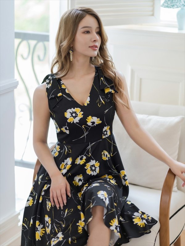 画像5: [送料無料][GINZA COUTURE]ブラック×イエロー・花柄・肩リボン・Aライン・ミディアムドレス・ワンピース[即日発送][大きいサイズあり] (5)