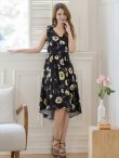 画像6: [送料無料][GINZA COUTURE]ブラック×イエロー・花柄・肩リボン・Aライン・ミディアムドレス・ワンピース[即日発送][大きいサイズあり] (6)