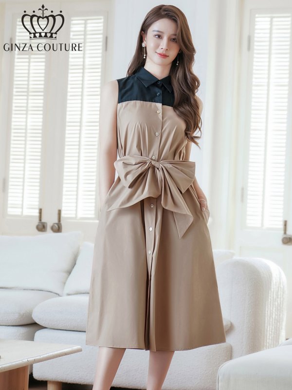 画像2: [送料無料][GINZA COUTURE]ブラック×ベージュ・バイカラー・ボタン・リボンベルト・カジュアル・ノースリーブ・切替・Aライン・ミディアムドレス・ワンピース[即日発送][大きいサイズあり] (2)