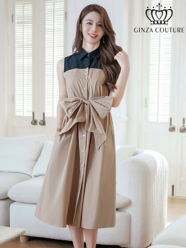 画像3: [送料無料][GINZA COUTURE]ブラック×ベージュ・バイカラー・ボタン・リボンベルト・カジュアル・ノースリーブ・切替・Aライン・ミディアムドレス・ワンピース[即日発送][大きいサイズあり] (3)