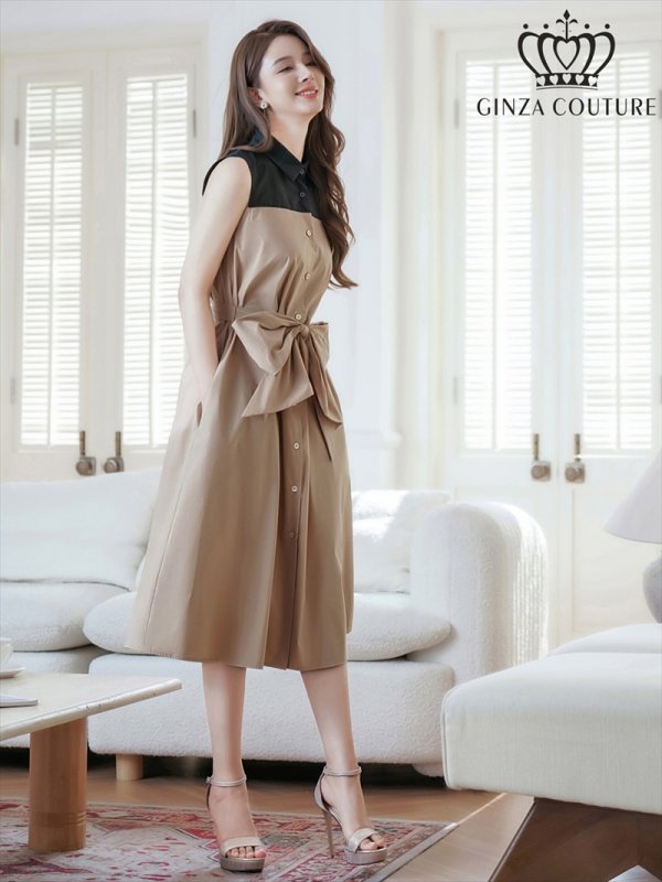画像6: [送料無料][GINZA COUTURE]ブラック×ベージュ・バイカラー・ボタン・リボンベルト・カジュアル・ノースリーブ・切替・Aライン・ミディアムドレス・ワンピース[即日発送][大きいサイズあり] (6)