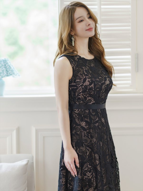 画像8: [送料無料][GINZA COUTURE]ホワイト・ブラック・総レース・フラワーレース・ノースリーブ・Aライン・ミディアムドレス・ワンピース[即日発送][大きいサイズあり] (8)