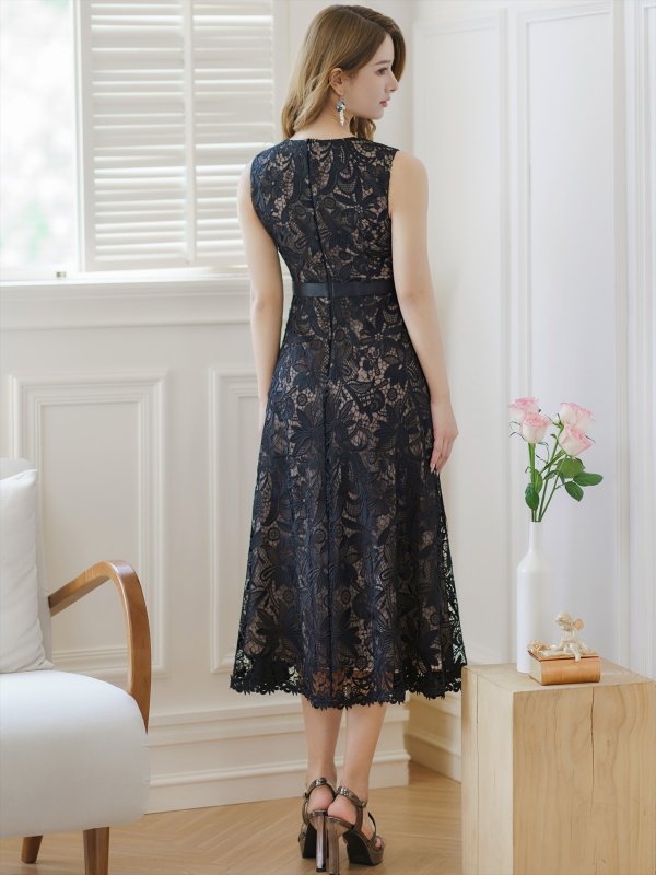 画像9: [送料無料][GINZA COUTURE]ホワイト・ブラック・総レース・フラワーレース・ノースリーブ・Aライン・ミディアムドレス・ワンピース[即日発送][大きいサイズあり] (9)