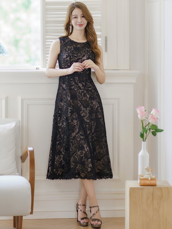 画像11: [送料無料][GINZA COUTURE]ホワイト・ブラック・総レース・フラワーレース・ノースリーブ・Aライン・ミディアムドレス・ワンピース[即日発送][大きいサイズあり] (11)