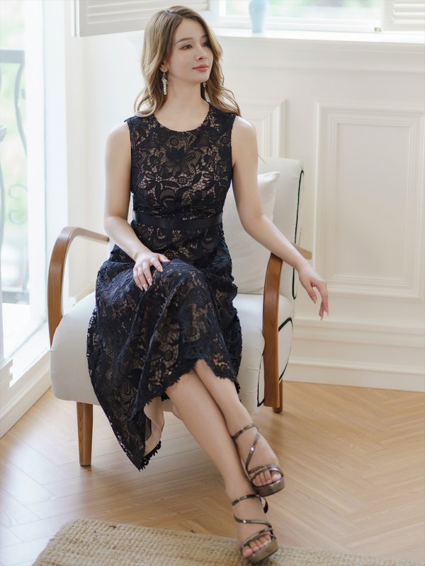 画像12: [送料無料][GINZA COUTURE]ホワイト・ブラック・総レース・フラワーレース・ノースリーブ・Aライン・ミディアムドレス・ワンピース[即日発送][大きいサイズあり] (12)