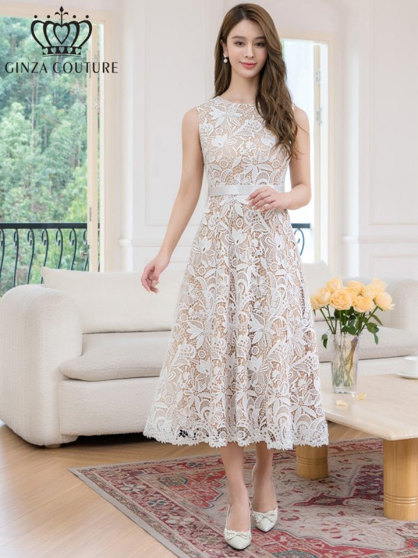 画像1: [送料無料][GINZA COUTURE]ホワイト・ブラック・総レース・フラワーレース・ノースリーブ・Aライン・ミディアムドレス・ワンピース[即日発送][大きいサイズあり] (1)