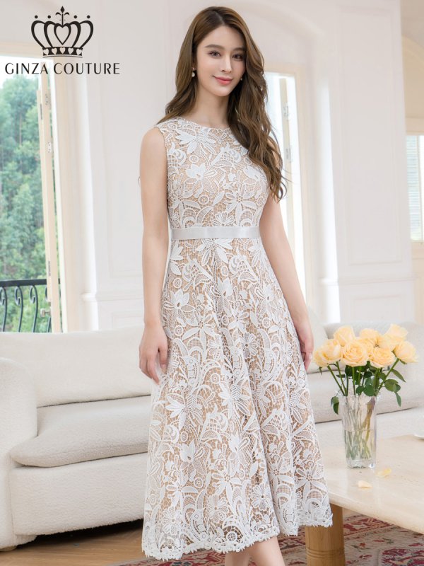 画像2: [送料無料][GINZA COUTURE]ホワイト・ブラック・総レース・フラワーレース・ノースリーブ・Aライン・ミディアムドレス・ワンピース[即日発送][大きいサイズあり] (2)