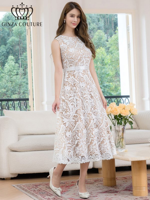 画像5: [送料無料][GINZA COUTURE]ホワイト・ブラック・総レース・フラワーレース・ノースリーブ・Aライン・ミディアムドレス・ワンピース[即日発送][大きいサイズあり] (5)