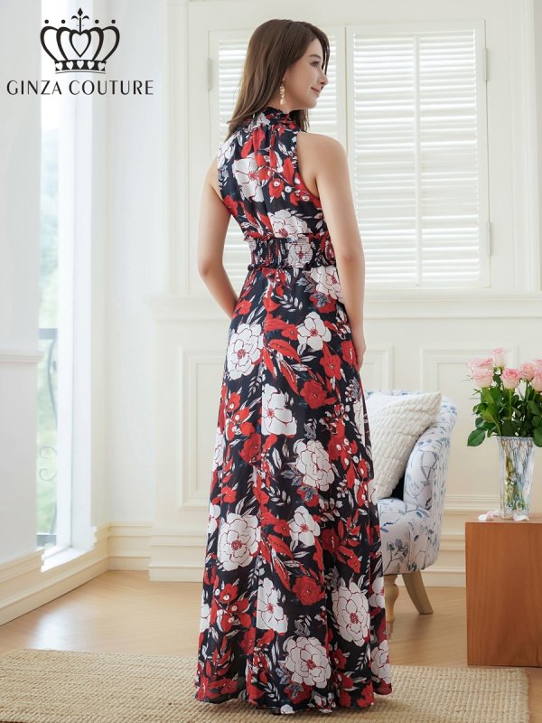 画像3: [送料無料][GINZA COUTURE]ブラック×レッド・ブラック×イエロー・花柄・プリント・ジョーゼット・首元フリル・ウエストマーク・アメリカンスリーブ・マキシ・Aライン・ロングドレス[即日発送][大きいサイズあり] (3)