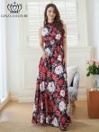 画像6: [送料無料][GINZA COUTURE]ブラック×レッド・ブラック×イエロー・プリント・ウエストマーク・Aライン・ノースリーブ・ロングドレス[即日発送][大きいサイズあり] (6)