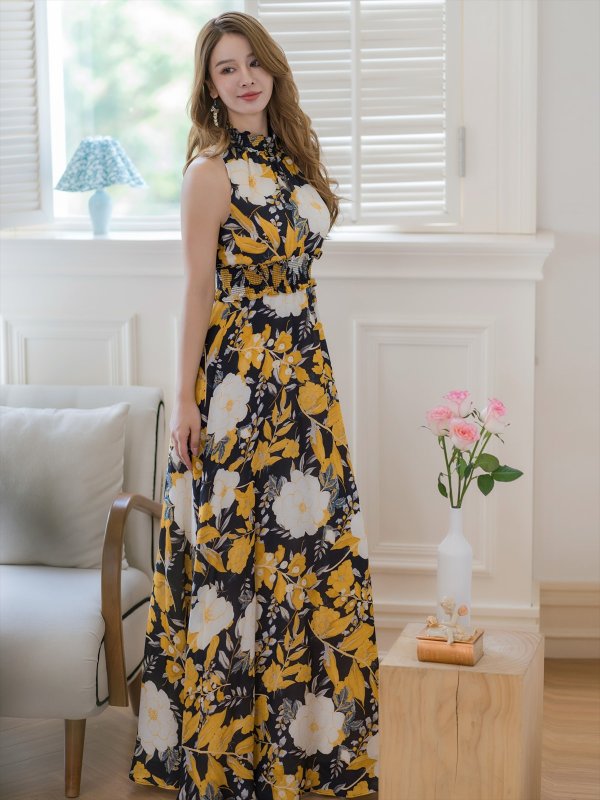 画像8: [送料無料][GINZA COUTURE]ブラック×レッド・ブラック×イエロー・花柄・プリント・ジョーゼット・首元フリル・ウエストマーク・アメリカンスリーブ・マキシ・Aライン・ロングドレス[即日発送][大きいサイズあり] (8)