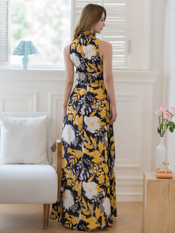 画像9: [送料無料][GINZA COUTURE]ブラック×レッド・ブラック×イエロー・花柄・プリント・ジョーゼット・首元フリル・ウエストマーク・アメリカンスリーブ・マキシ・Aライン・ロングドレス[即日発送][大きいサイズあり] (9)